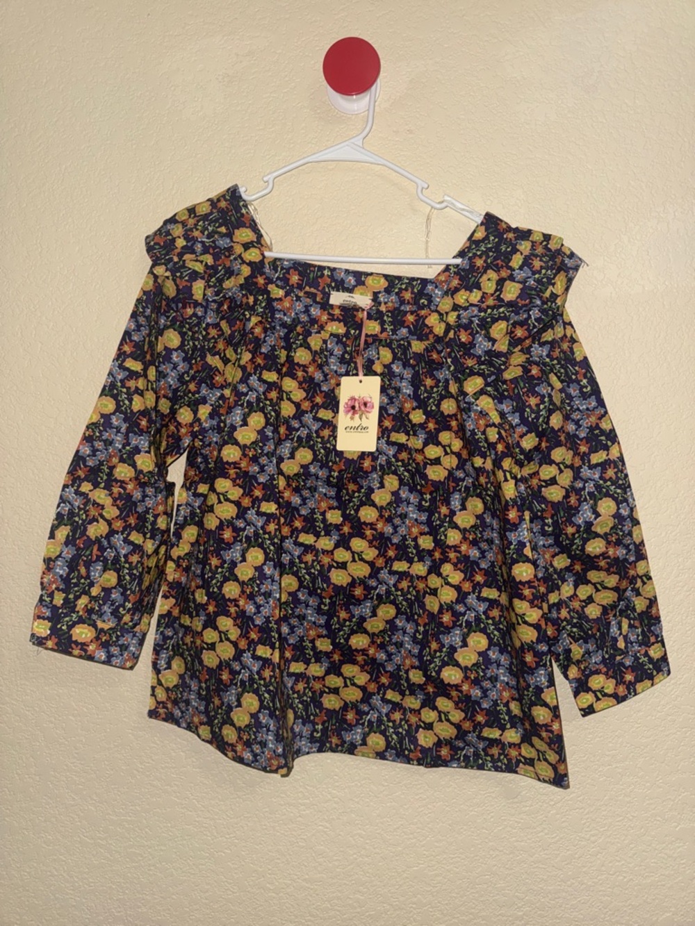 entro Navy Floral Ruffle Neck Blouse with Yellow & Green Accents